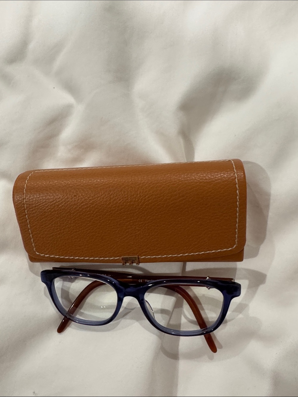 Robert Mark Classic Brown Leather Glasses Case with Blue-Tone Eyeglasses